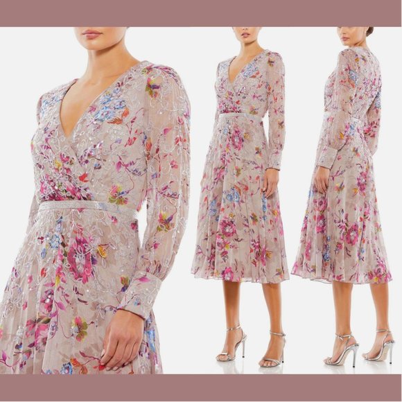 NWT $498 Mac Duggal [ 18 ] Floral Embellished Long Sleeve Midi Dress Mauve‎ - Picture 1 of 16